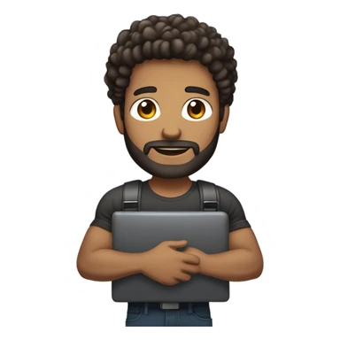 Web designer carrying a computer in his hands. light brown skin men with curly dark brown hair, brown eyes, little grown beard. imposing, muscular build. sticker