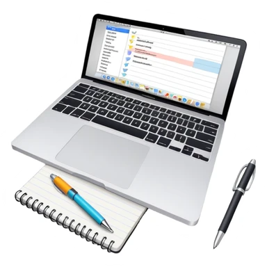 top view of a MacBook and a notebook with a pen nearby, notebook with visible notes sticker