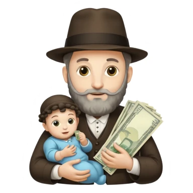 Jewish rabbi with two side curls holding money and baby sticker