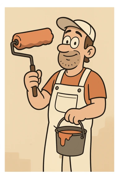 a wall painter with a roller and paint bucket, cartoon style sticker