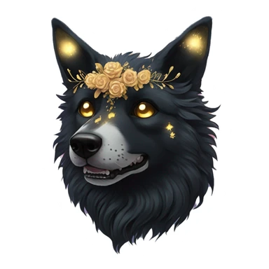 Black iridescent fluffy dog fox head zombie skeleton gold mechanical nebula galaxy stars flowers fairy lights vintage sticker