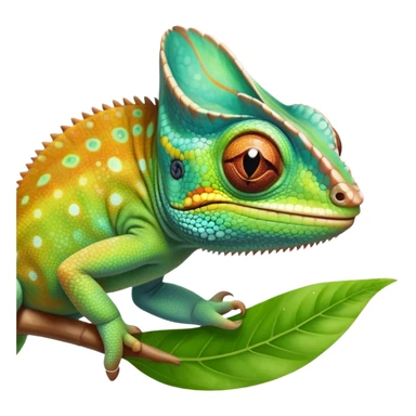 cinematic cute-smiling baby chameleon-realistic emoji,-blending-with-vibrant-greenery.-detailed-scales-in-shifting-colors,-showing-the-chameleon’s-ability-to-camouflage.-soft-natural-light-highlights-its-texture.-nature-background, zoomed into its face sticker