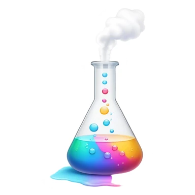 A bubbling chemistry flask filled with a glowing, colorful liquid. Tiny, unfinished emoji icons float above it, as if forming from the experiment. Soft mist rises from the flask, creating a mystical and creative atmosphere. Flat, minimalist digital illustration, empty state design, neutral background. sticker