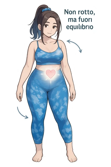 stile manga a woman stands in a relaxed pose, with a gentle, confident expression. Her body is shown with subtle, curved lines or arrows indicating areas of imbalance (such as a slight tilt in the shoulders or hips), but no signs of injury or damage. A soft glow or heart symbol at her core emphasizes resilience and the message “Non rotto, ma fuori equilibrio” The background is clean and clinical, with light blue tones. sticker