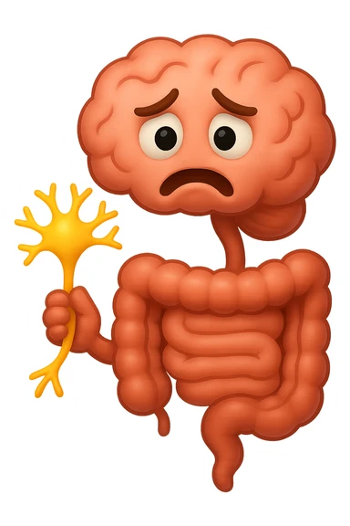 EMOJI STILE IPHONE DI UN INTESTINO collegato verticalmente ad un cervello mentre tiene in mano un neurone, espressione stressata, IPERREALISTICO 4K sticker