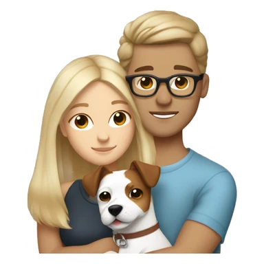 Blonde girl and her white boyfriend with brown hair and glasses cuddling a jack Russell  sticker