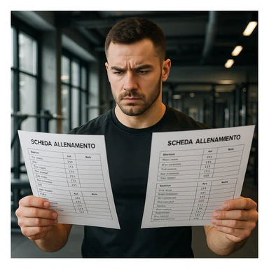 Uomo in palestra che confronta due schede di allenamento, entrambe scritte in italiano, abbigliamento sportivo, ambiente moderno, dettagli iperrealistici 4K, espressione concentrata. sticker