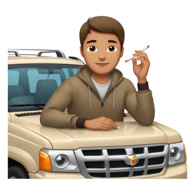 a hansome Leaning on the hood of his SUV with a cigarette sticker