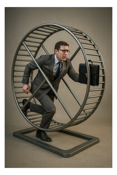 uomo che corre dentro la ruota del criceto come un circolo vizioso immagine realistica sticker