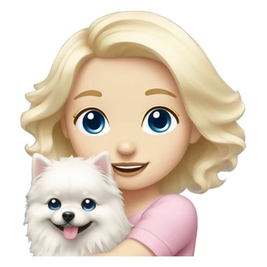 Blond girl white skin blue eyes hugging white Pomeranian with light pink bow sticker