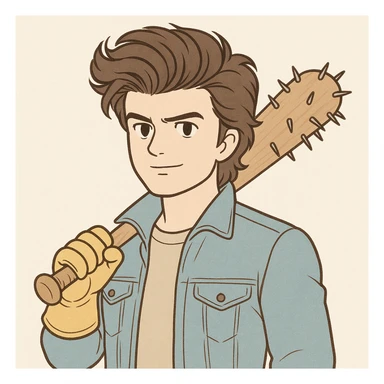 Steve Harrington from Stranger Things, iconic look: voluminous hair, blue jacket, yellow gloves, baseball bat with nails, confident expression, simple line art, light pastel tones, thick outlines, in Ghibli style, square 1:1 format. sticker