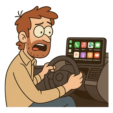 Steering wheel with CarPlay display, flat toon style, minimal background sticker