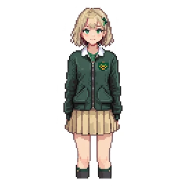 girl in a school uniform wearing a green polo, beige skirt, grey zipper jacket sticker