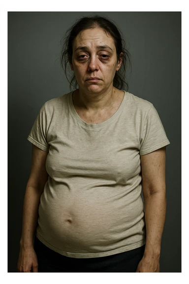 realistic portrait of a woman with PCOS, very tired and debilitated, dull skin, dark circles, thinning hair, abdominal bloating, fatigued posture, clinical style, detailed realism, dramatic lighting, vertical 2:3 aspect ratio, no text sticker