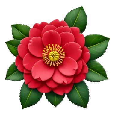 Classic camellia flower with perfectly arranged overlapping red petals, distinctive yellow stamens in center, and serrated glossy dark green leaves sticker