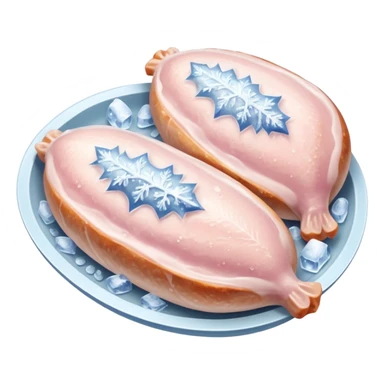 A pack of frozen chicken breasts sealed in transparent plastic packaging, covered with frost and ice crystals. The meat looks pale pink with a slight icy glaze, sitting in a freezer with cool blue lighting. Realistic detail, cold atmosphere, food photography style. sticker