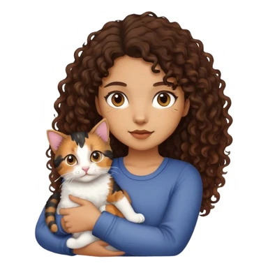 Light brown skin, dark curly hair, girl holding calico cat sticker
