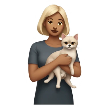 Woman in the right arm is holding a sphinx grey cat and in the left arm holding a Pomeranian dog sticker