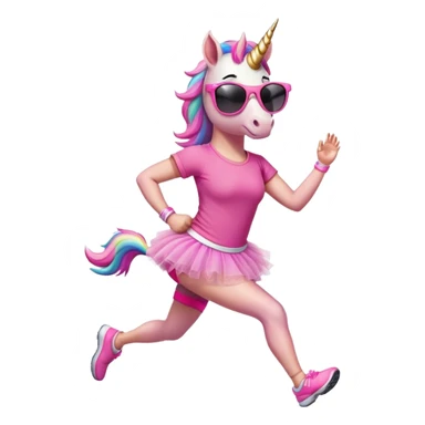 friendly anthropomorphised female unicorn with horse-like face, in tutu and pink t-shirt, wearing dark sunglasses, jogging upright in relaxed pose sticker