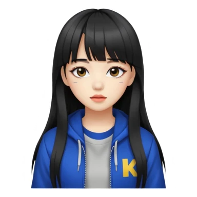 Portrait of a female K-pop idol, wearing a stylish streetwear outfit with layered clothing, long hair with bangs, makeup, cool face sticker