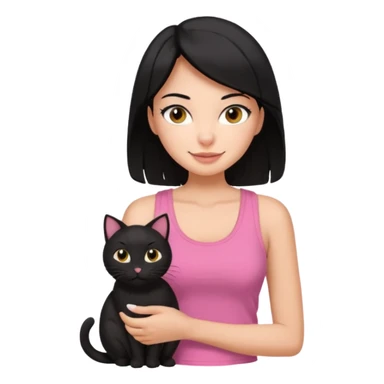 pretty woman with black hair and brown eyes, wearing a pink tank top, holding a black cat, cheerful expression sticker