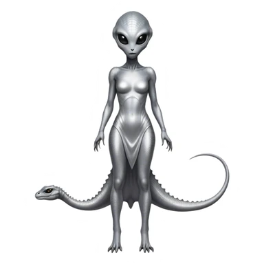 alien reptilian woman in silver dress, full body black eyes sticker