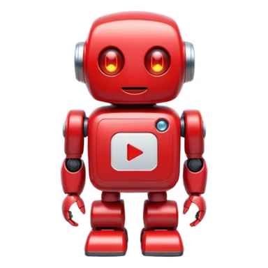 adorable red robot mascot with a big white play button on its chest, rounded body, glowing eyes, small limbs, friendly expression, futuristic, flat emoji style sticker