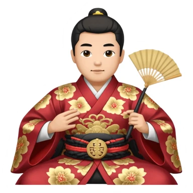 Wealthy warlord in ornate kimono, crest on chest, seated with fan in hand. sticker