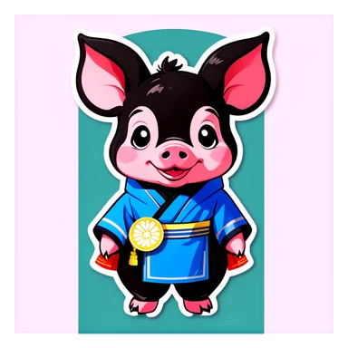 A black piglet wearing korean traditional cloth with "luck” written on it. sticker