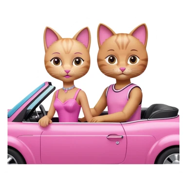 two cats with clear feline features, dressed in Barbie and Ken outfits, in a pink convertible sticker