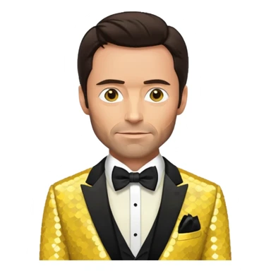 Hugh Jackman with dark brown hair, yellow sequin suit with bow tie sticker
