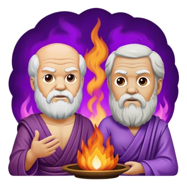 Socrates and Plato in discourse around a purple fire sticker