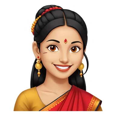 Phụ nữ 35 tuổi, da vàng, tóc buộc dài màu đen, có chấm đỏ bindi trên trán, mặt cười tươi, đeo khuyên tai tròn to bằng vàng, nửa thân trên sticker
