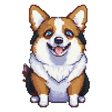 pixel art style anthropomorphic corgi, black fur, white underbelly, one brown eye, one blue eye, scared expression sticker