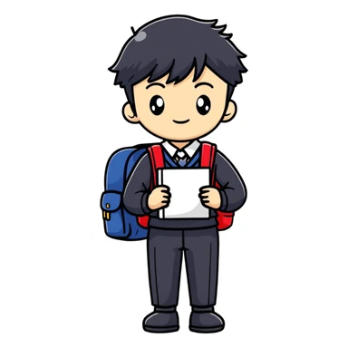 Japanese high school boy in traditional black uniform with school backpack sticker