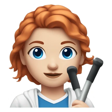 Red-haired sporty girl with fair skin and blue eyes in a white sweater and blue leggings with a barbell sticker