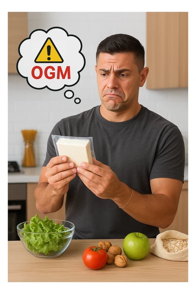 un uomo in cucina tiene in mano una confezione di soia o tofu, osservandola con un’espressione scettica e preoccupata. Sopra la confezione, una nuvoletta di pensiero mostra la scritta “OGM” evidenziata in rosso, accompagnata da un simbolo di allarme o un punto interrogativo. Sullo sfondo, altri alimenti naturali sono visibili sul tavolo, sottolineando la sua preferenza per prodotti non OGM. sticker