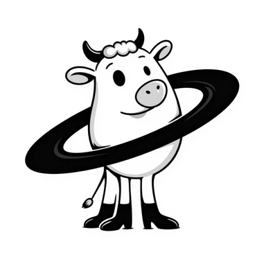 a cow with the body of the planet Saturn with visible rings and gigantic human feet, illustrative style sticker