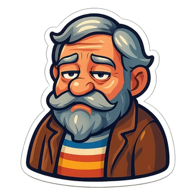 A dwarf with gray hair, a gray mustache, a gray beard, and gray eyebrows. He has blue eyes and wrinkles on his forehead. He is wearing a striped t-shirt and a brown jacket. The dwarf is displaying a boredom emotion. sticker
