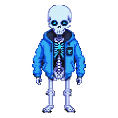 Sans skeleton character from Undertale with blue jacket and glowing blue eye sticker