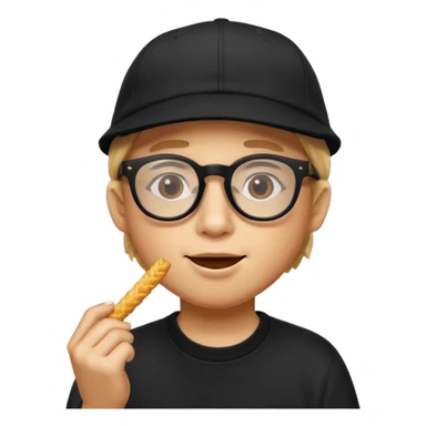 num num eatting hashbrown sticks with a plain black cap and glasses sticker