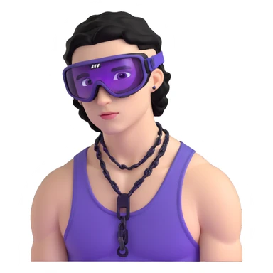 shirtless male athlete with white skin and moderately curly black hair on top with shaved sides, wearing ski goggles with purple frames/outline and very dark heavily tinted black lenses that completely hide the eyes, and a simple plain black chain necklace, no earrings sticker