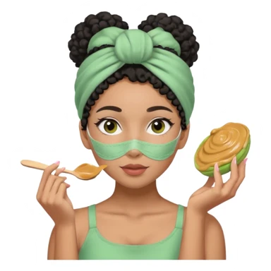 Mixed-race woman with caramel skin, slim thick, black curly hair in a bun, wearing a pastel pink headband, applying a green clay face mask sticker