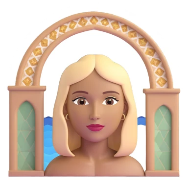 close-up of a woman's face with darker blonde straight hair, light brown skin, with the three iconic arches of Atalaia Beach (Aracaju-SE) prominently displayed very close in the background, middle arch taller with round tops, made of tiles sticker