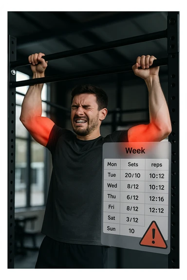 a man in gym attire performs pull-ups on a bar, with his elbows highlighted in bright red to indicate inflammation. A digital overlay shows a weekly training log with high numbers of sets and reps, and a warning icon appears next to the log. The man’s face shows pain and fatigue. The background is a modern gym, emphasizing the link between excessive training volume and injury. scritto in italiano sticker