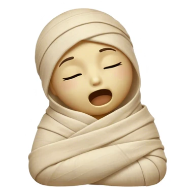 Cinematic Cute Yawning Mummy Portrait Emoji, with a snug, slightly askew bandaged form in warm, faded tones with gentle golden accents, head tilted back in a big, sleepy yawn revealing cute hints of ancient charm, simplified yet adorably detailed, glowing with a soft, nostalgic radiance and a gentle outline that captures a mummy’s tender need for rest! sticker