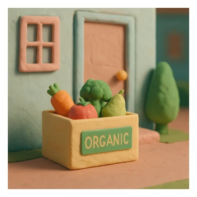 claymation style box of organic products at the door of a house, pastel colors sticker