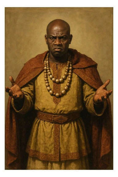 Сгенерируй мне афроамериканца в национальном африканском СРЕДНЕВЕКОВОМ костюме, с бусами лысого,  . Строго в анфас. Его лицо чуточку недовольно, а руками он размахивает и разводит в сторону. На однородном фоне. В стиле реалистичной живописи. Он полностью помещается в экран и не обрезается краями изображения sticker