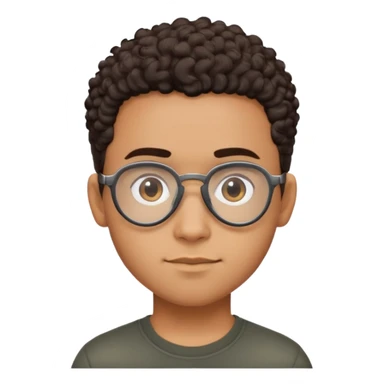 Young Latino man with small oval face, big forehead, aviator glasses, shaved sides with short curly hair on top, neutral-friendly expression, brown skin, black t-shirt sticker