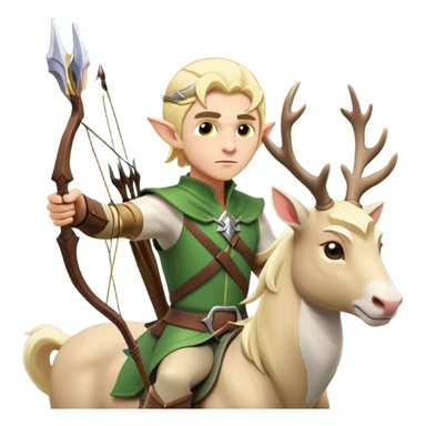 clash-of-clans-aesthetic-blond-male elf-archer-portrait-emoji, rendered in a flat, vector-style with minimal shading and bold, simplified shapes, head tilted slightly forward with a determined, focused expression, riding a majestic white stag whose antlers glow with mystical energy, set against an ancient, enchanted forest backdrop. sticker